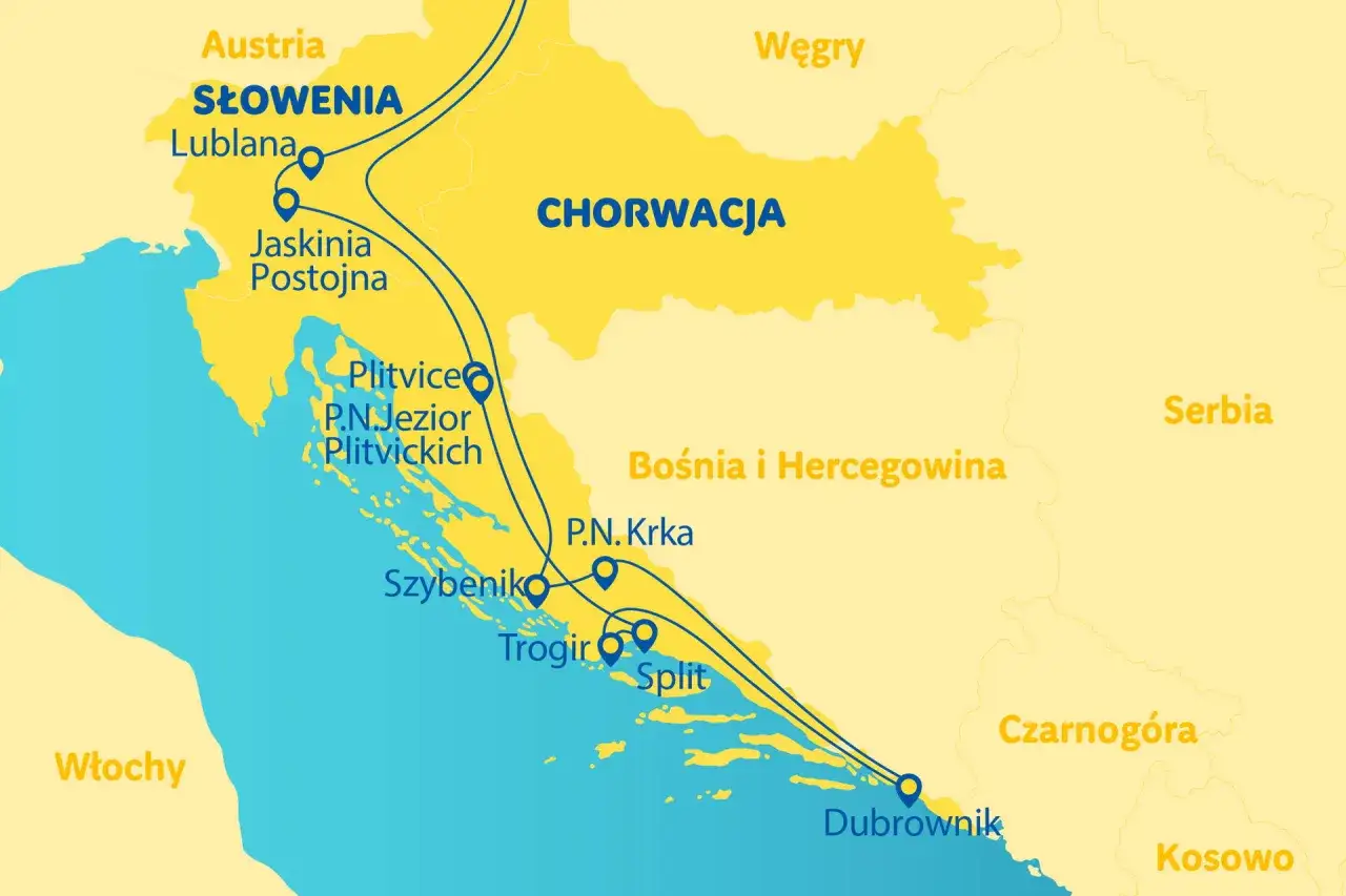 Mapa pokazuje, gdzie leży Chorwacja, z zaznaczonymi trasami przez Słowenię i Bośnię i Hercegowinę, z celami podróży jak Plitwickie Jeziora czy Dubrownik.
