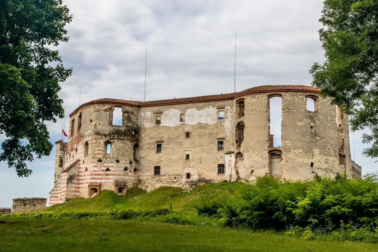 Ruiny zamku Janowiec nad Wisłą, zniszczone mury i puste okna, otoczone zielenią.