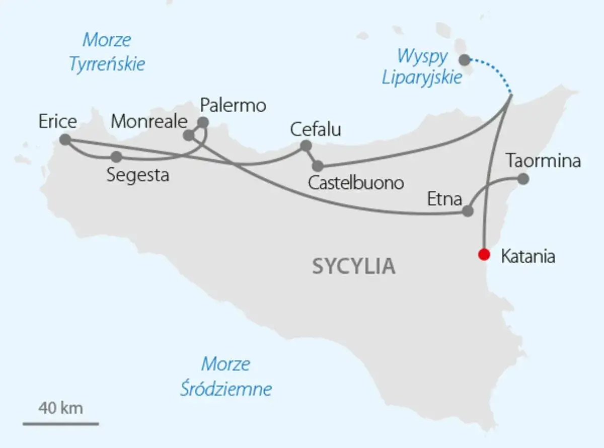 Mapa Sycylii z zaznaczonymi trasami turystycznymi, w tym do Wysp Liparyjskich. Widoczne miasta: Palermo, Taormina, Katania, Erice, Monreale, Segesta, Cefalu, Castelbuono, Etna.